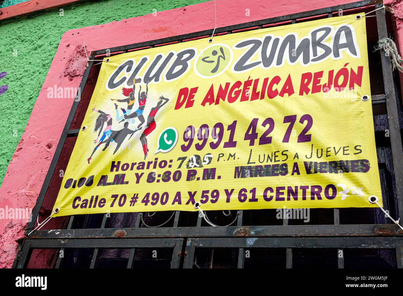Merida Mexico,Barrio de Santiago Centro,Calle 59,sign banner Club Zumba classes offered,Mexican Hispanic Latin Latino,Spanish speaking language,Yucata Stock Photo