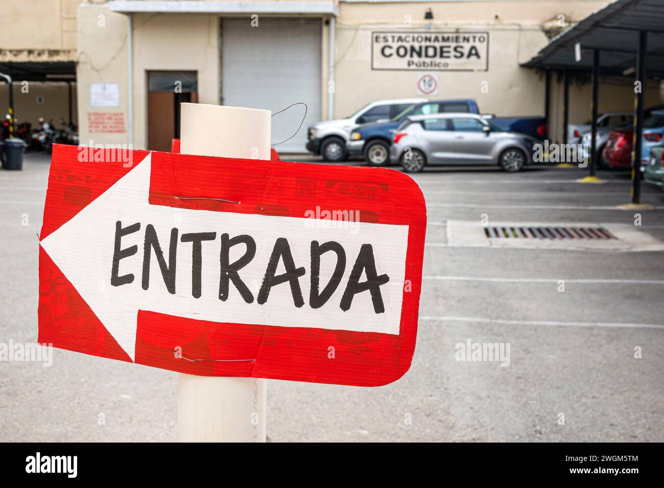 Merida Mexico,Centro Historico historic center centre,Calle 59,car vehicle parking lot park,sign entrance,Mexican Hispanic Latin Latino,Spanish speaki Stock Photo
