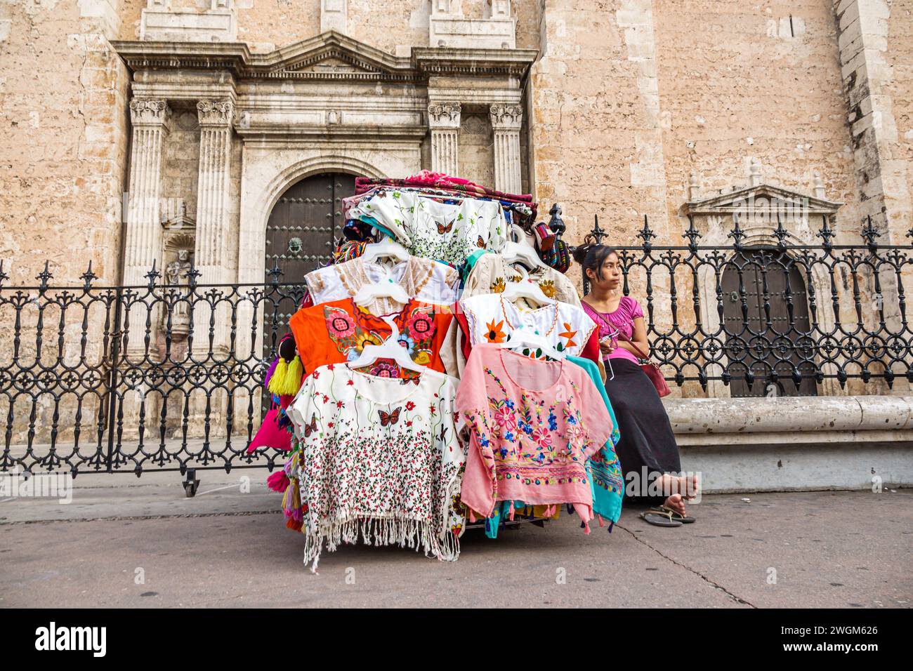 Merida Mexico,Centro Historico historic center centre district,Plaza Grande,street sidewalk woman women lady female,adult adults,resident residents,ve Stock Photo
