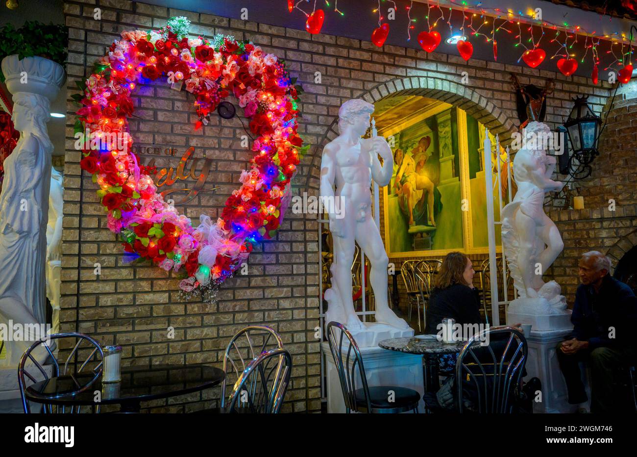 Valentines Day decorations in Italian Coffee Shop Stock Photo