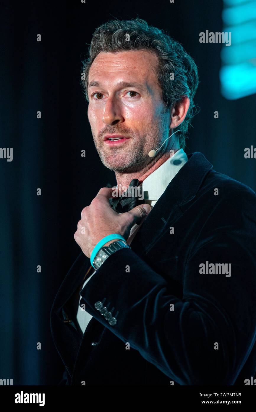 Aaron Lazar, an award-winning actor and singer, receives the Essey Spotlight Award for his commitment to raising ALS awareness around the globe during the ALS Golden West’s “Champions for Cures and Care” gala on January 19, 2024 at Hilton Hotel, Los Angeles, California. After receiving the award, Lazar, who was diagnosed with ALS (amyotrophic lateral sclerosis) a couple years ago, performed an excerpt of the song "The Impossible Dream" from   ''Man of La Mancha.''  Photo By Jana Ašenbrenerová Stock Photo