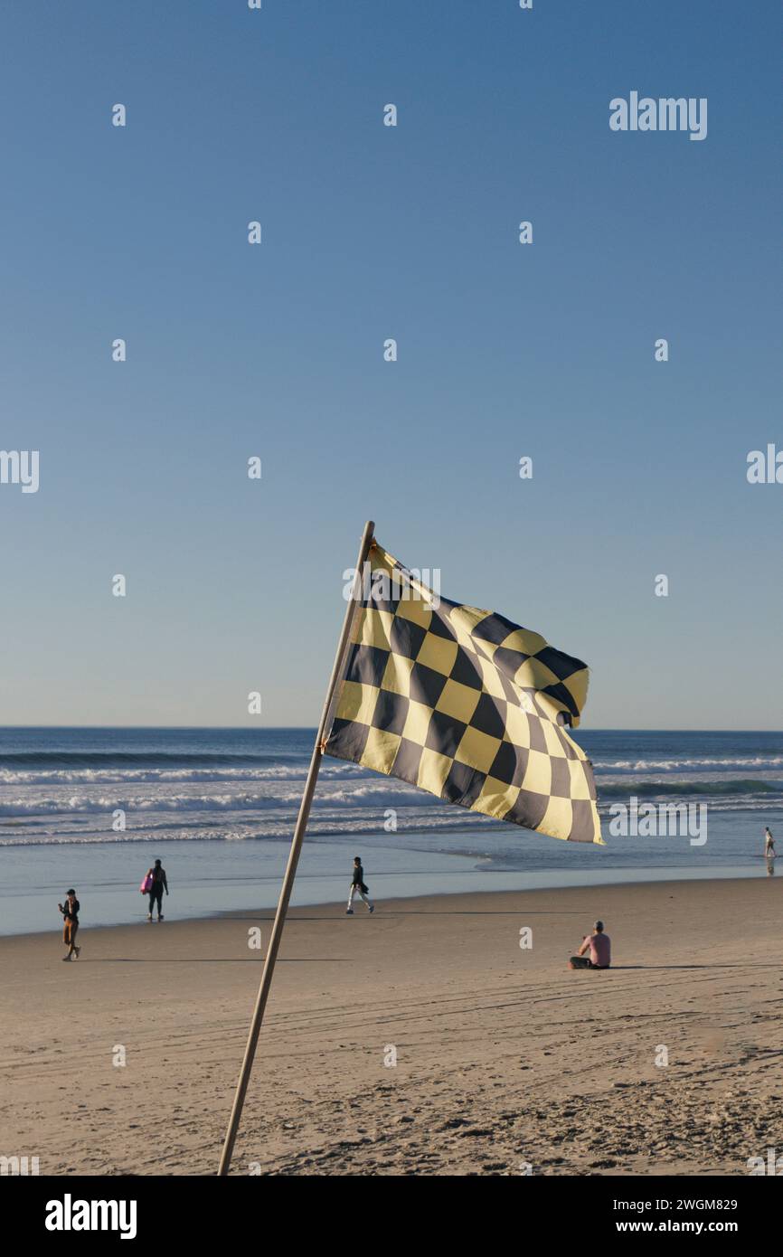 Mission Beach San Diego. Checkered Flag. Surf Regulations. Stock Photo