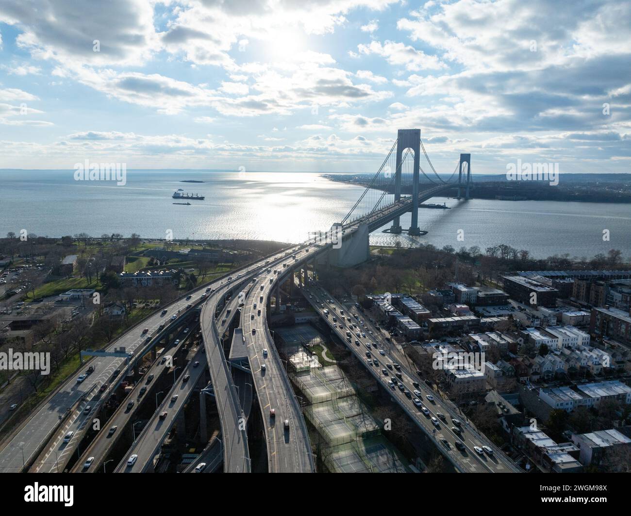 Aerial view of the Verrazzano Narrows Bridge in New York from Brooklyn Stock Photo Alamy