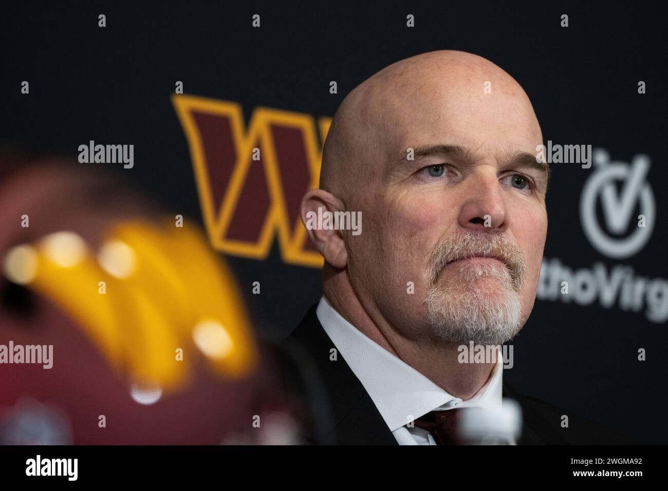 Washington Commanders new head coach Dan Quinn speaks during an NFL football news conference at