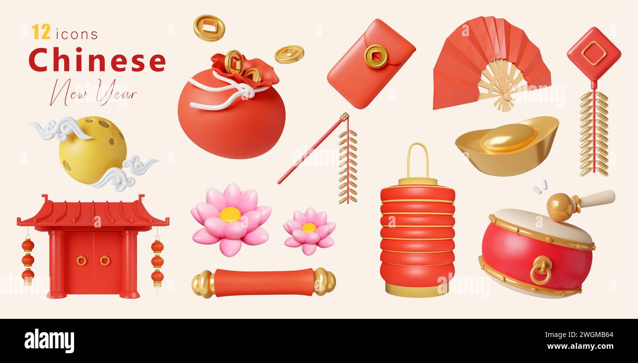 3d Chinese New Year Elements icon set. 3d rendering illustration ...