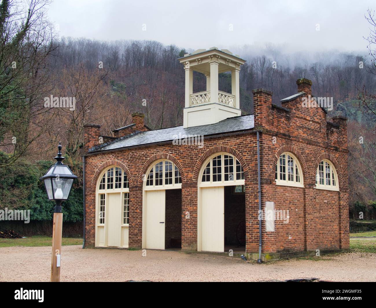 Exterior angle of John Brown's Fort and armory in Harpers Ferry, WV, on a misty winter day. Stock Photo