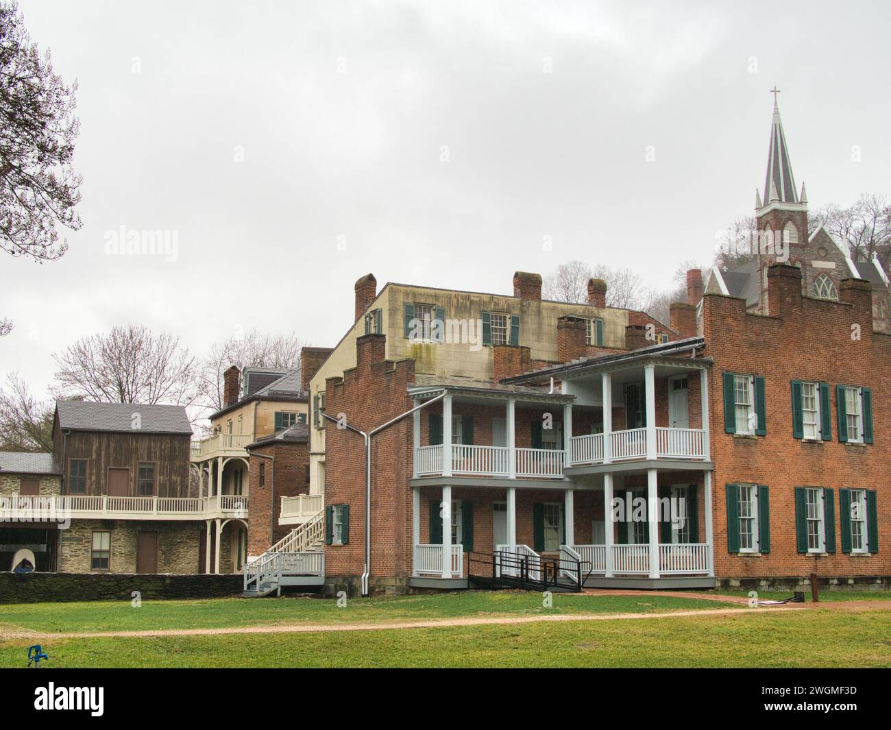 Brick buildings in downtown Harpers Ferry, WV, on an overcast day in January. Stock Photo