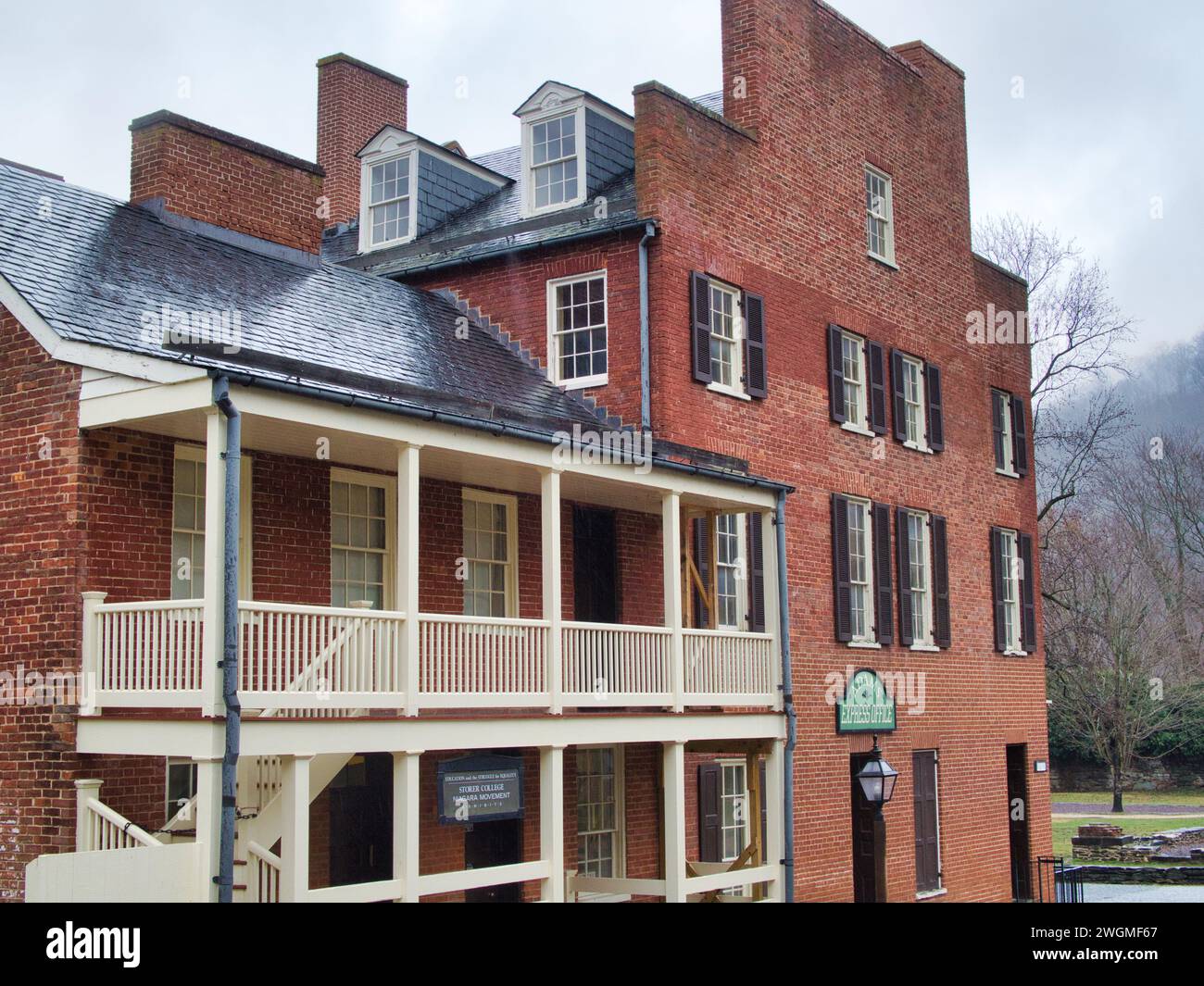 Brick buildings in downtown Harpers Ferry, WV, on an overcast day in January. Stock Photo