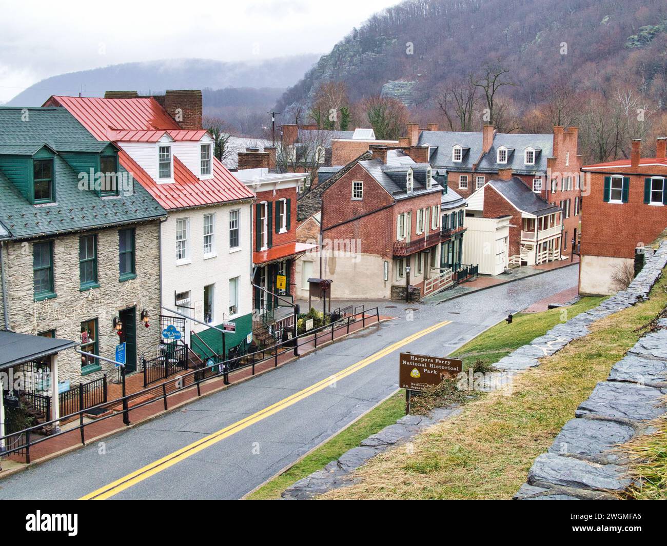 View of downtown historic Harpers Ferry, WV. Stock Photo