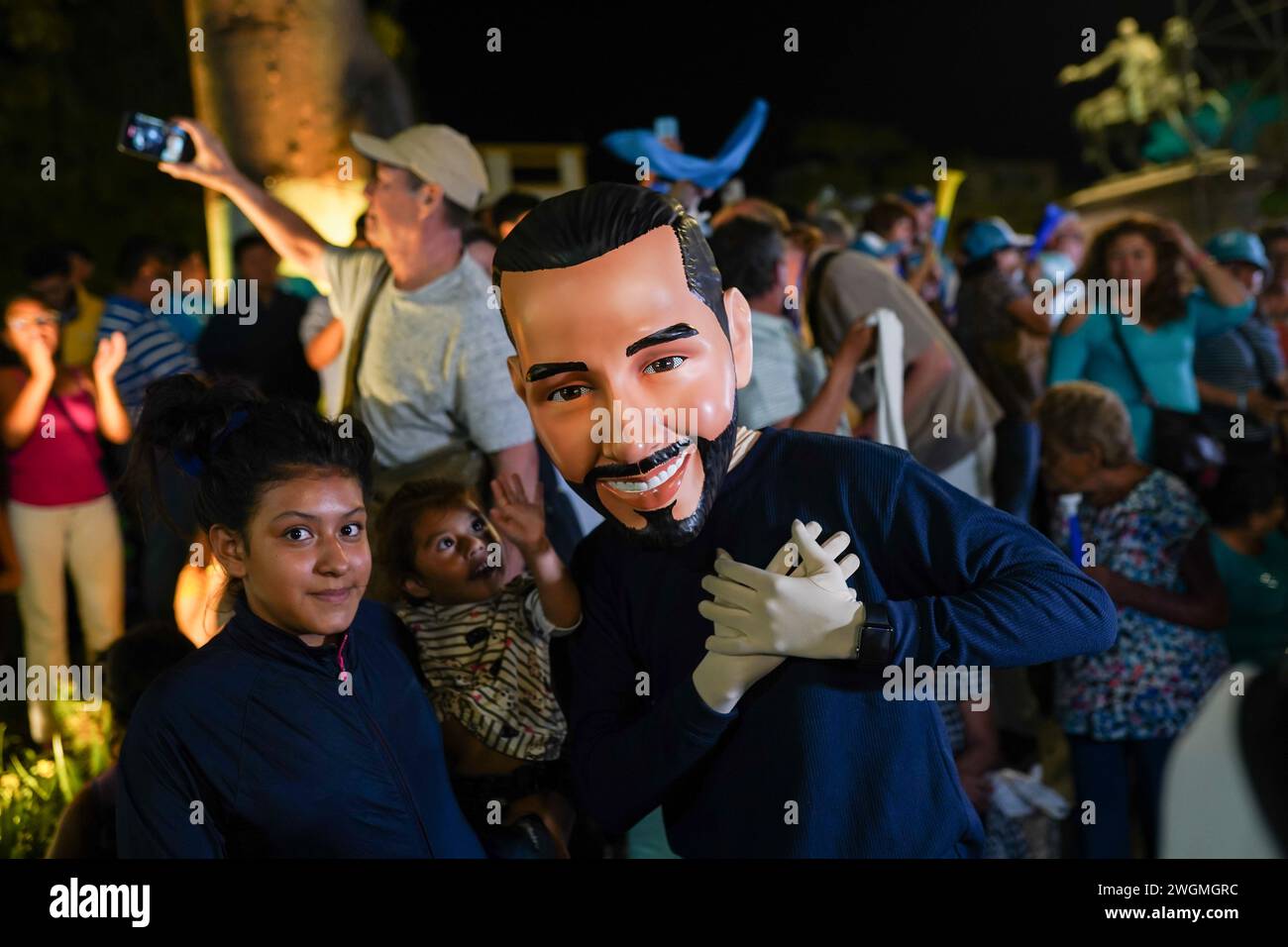 San Salvador, El Salvador. 04th Feb, 2024. A person dressed in costume depicting Nayib Bukele gestures at his celebration after calling a victory. The Supreme Electoral Tribunal announced it would do a vote recount after anomalies during the preliminary count, while Nayib Bukele called the election in his favor barely hours after the polls closed. Credit: SOPA Images Limited/Alamy Live News Stock Photo