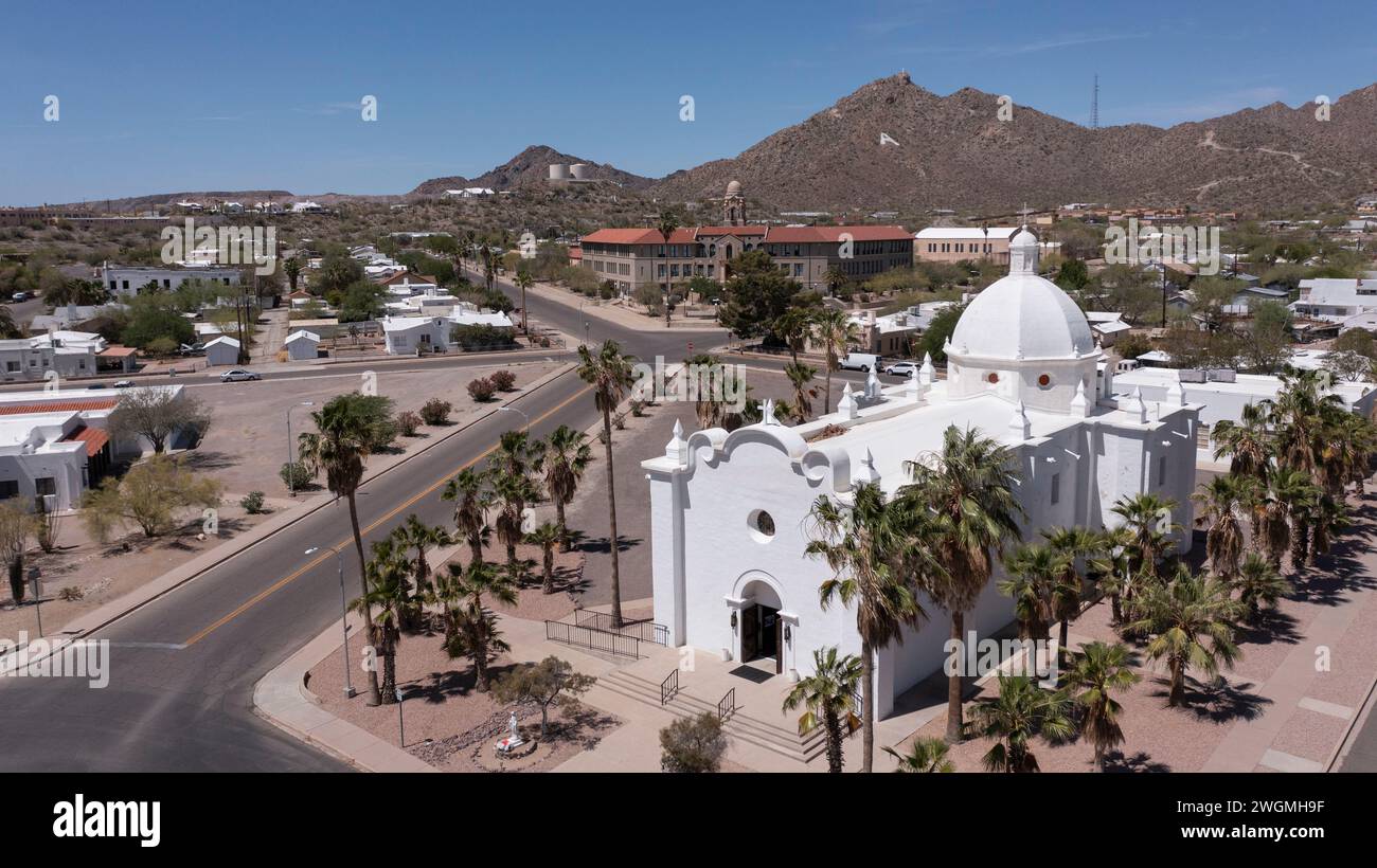 Aerial palm framed view of the historic downtown area of Ajo, Arizona