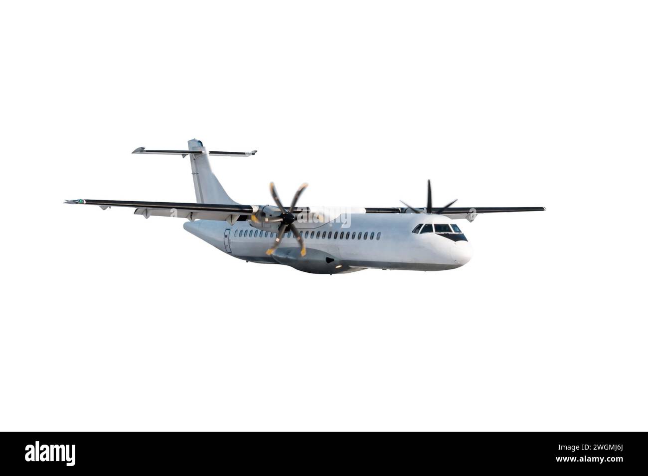 Passenger turboprop airplane flying isolated on white background Stock ...