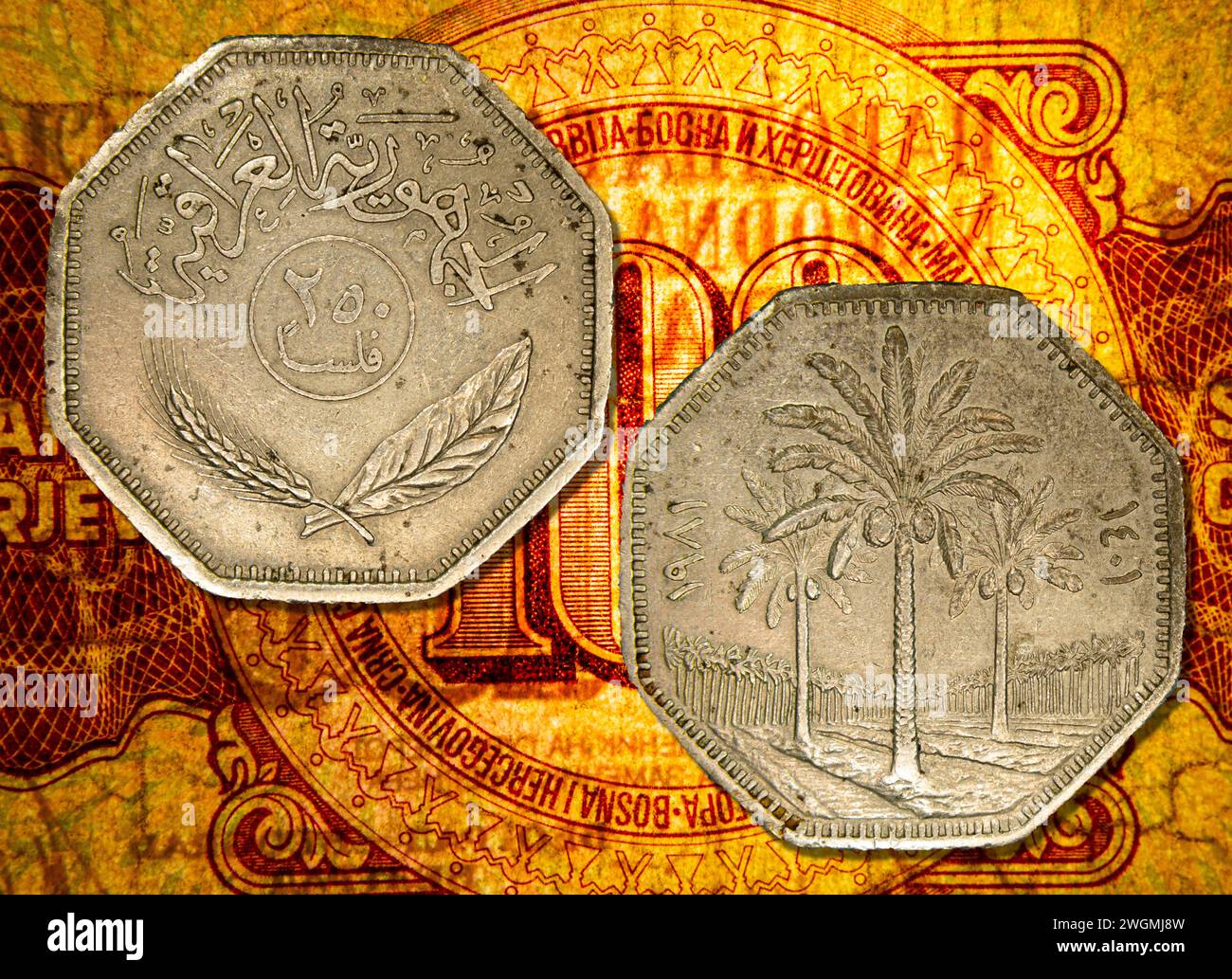 Two vintage Libyan Jamahiriya dinar coins placed on a vibrant yellow tablecloth Stock Photo