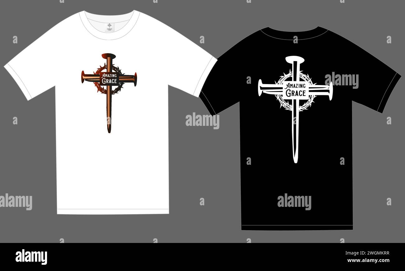 Amazing Grace print design for t-shirt white and black colors. Jesus Christ cross made of nails concept for Easter Sunday Christian clothing. Vector Stock Vector