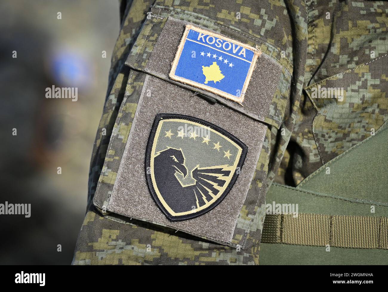Pristina, Kosovo. 05th Feb, 2024. The logo with the lettering 'Kosova' and the eagle's head, photographed on a soldier's uniform during Defense Minister Pistorius' visit to the Kosovo Search and Rescue International Training Centre (SARITC). Credit: Soeren Stache/dpa/Alamy Live News Stock Photo