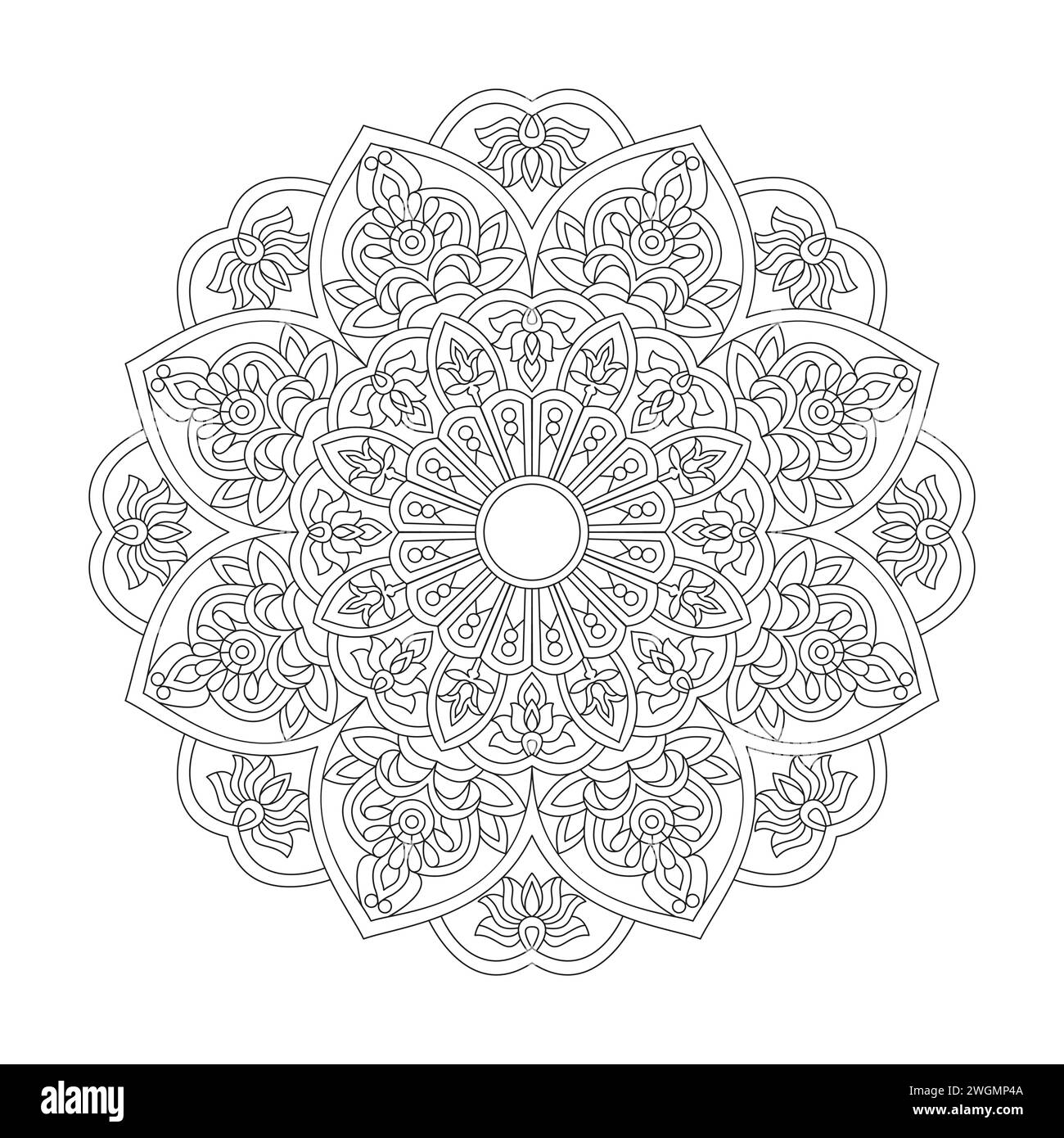Attractive Floral Mandala Coloring Book Page for kdp Book Interior. Peaceful Petals, Ability to Relax, Brain Experiences, Harmonious Haven, Peaceful P Stock Vector
