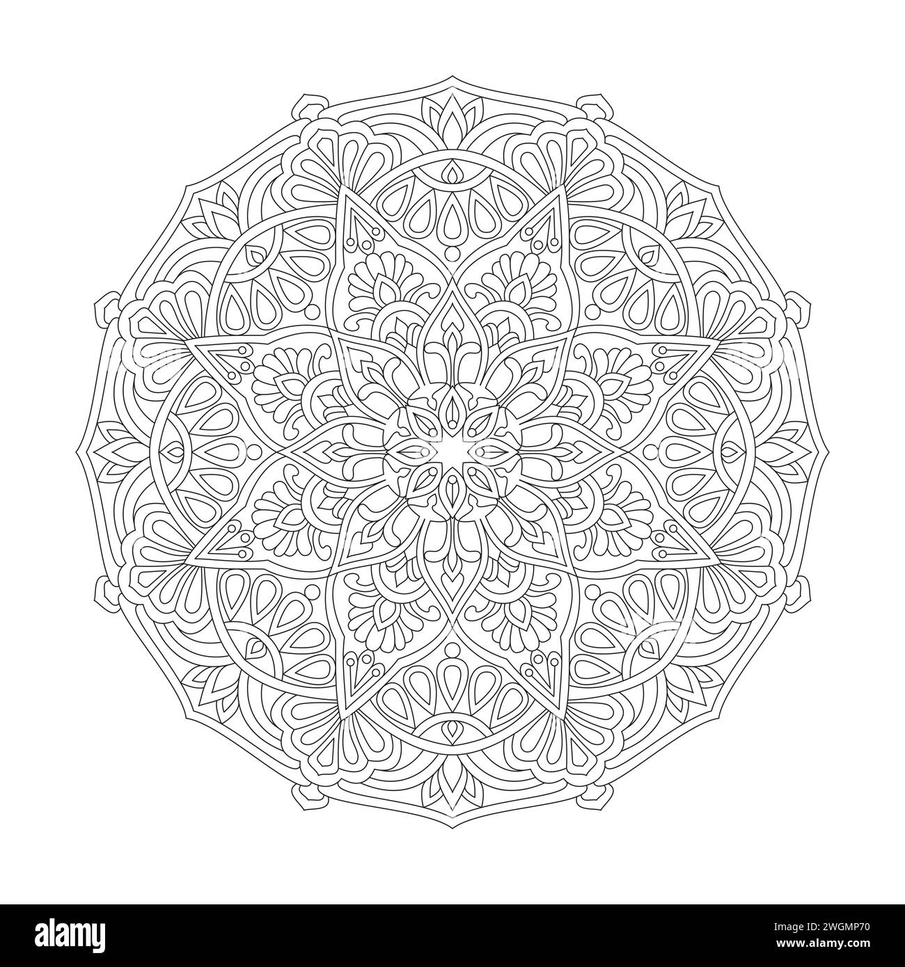 Attractive Decoration Mandala Coloring Book Page for kdp Book Interior. Peaceful Petals, Ability to Relax, Brain Experiences, Harmonious Haven, Peacef Stock Vector