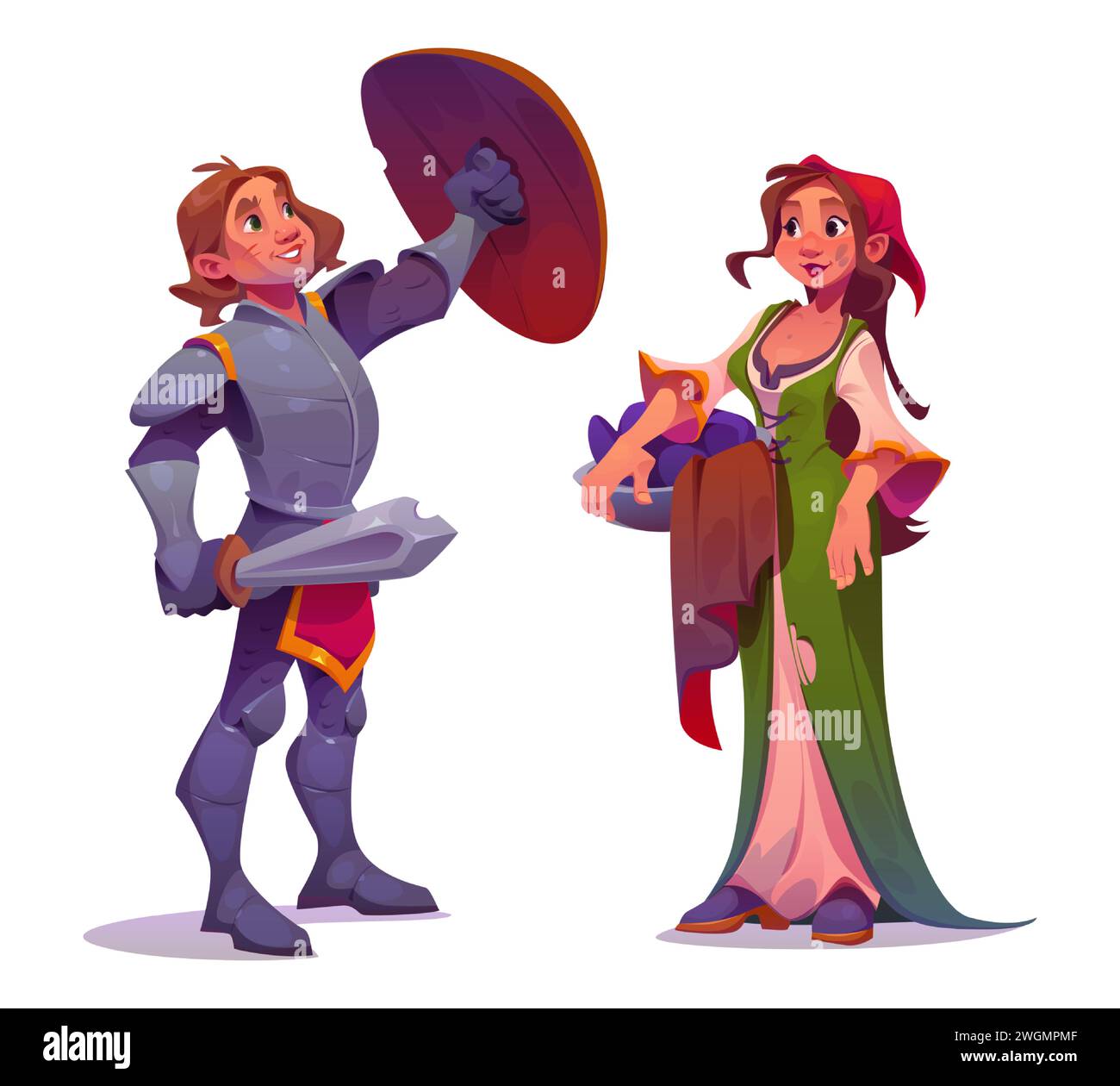 People character of medieval age - young peasant woman with clothes in pelvis and brave knight man in metal armor with shield and sword in hands. Cartoon vector illustration set of ancient person. Stock Vector