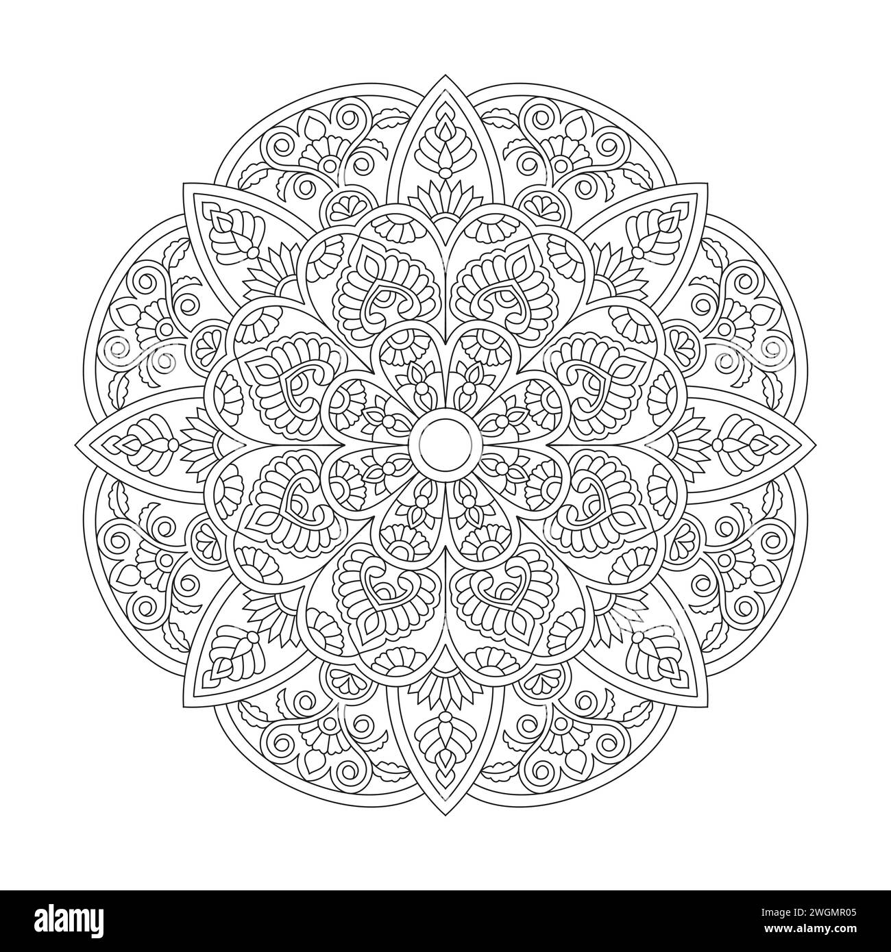 Peaceful Beautifull Mandala Coloring Book Page for kdp Book Interior. Peaceful Petals, Ability to Relax, Brain Experiences, Harmonious Haven, Peaceful Stock Vector