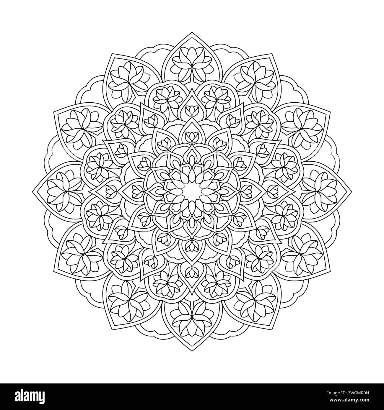 Peaceful Floral Mandala Colouring Book Page for KDP Book Interior. Peaceful Petals, Ability to Relax, Brain Experiences, Harmonious Haven, Peaceful Stock Vector