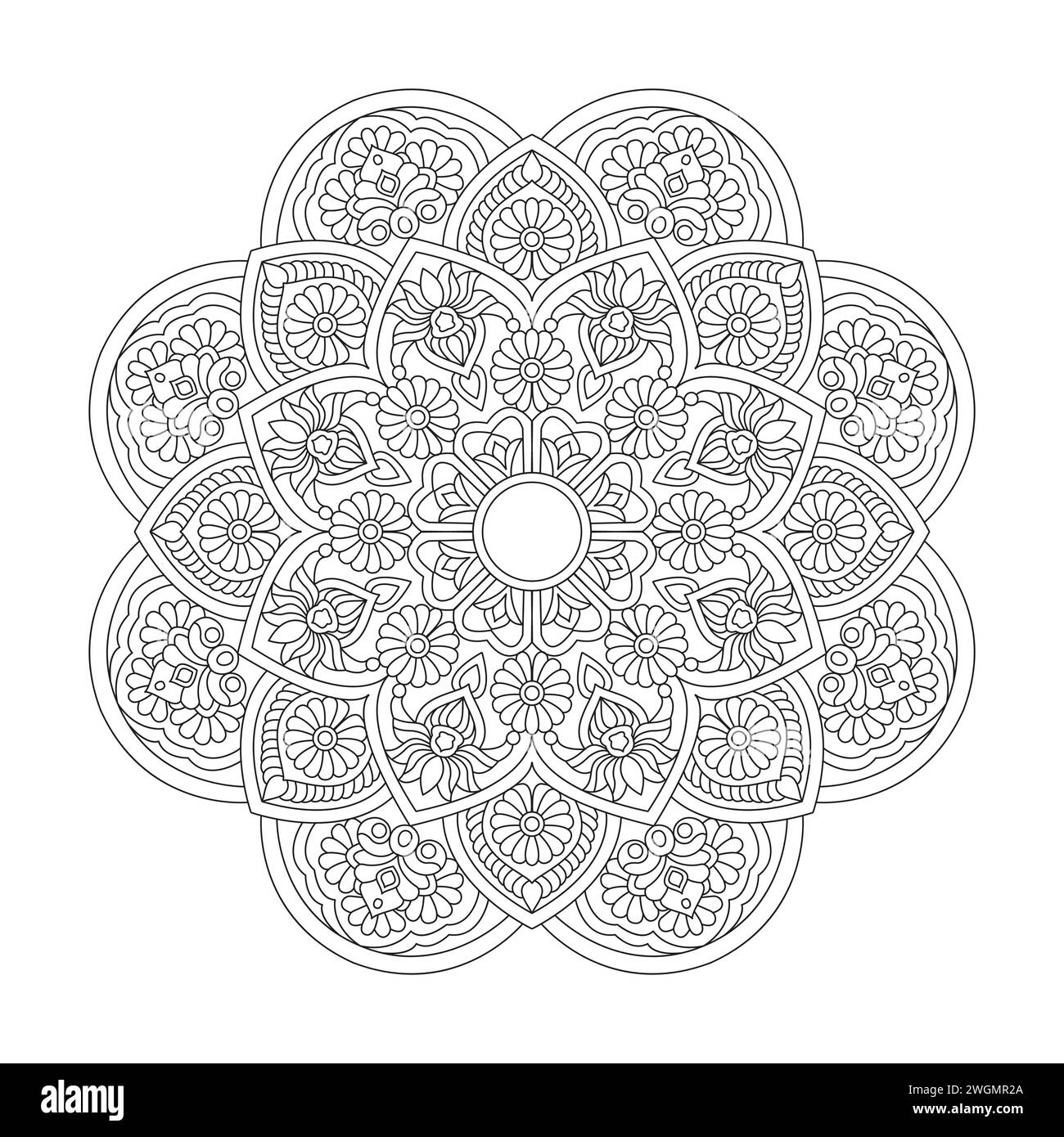 Peaceful Whirlwind Mandala Coloring Book Page for kdp Book Interior. Peaceful Petals, Ability to Relax, Brain Experiences, Harmonious Haven, Peaceful Stock Vector