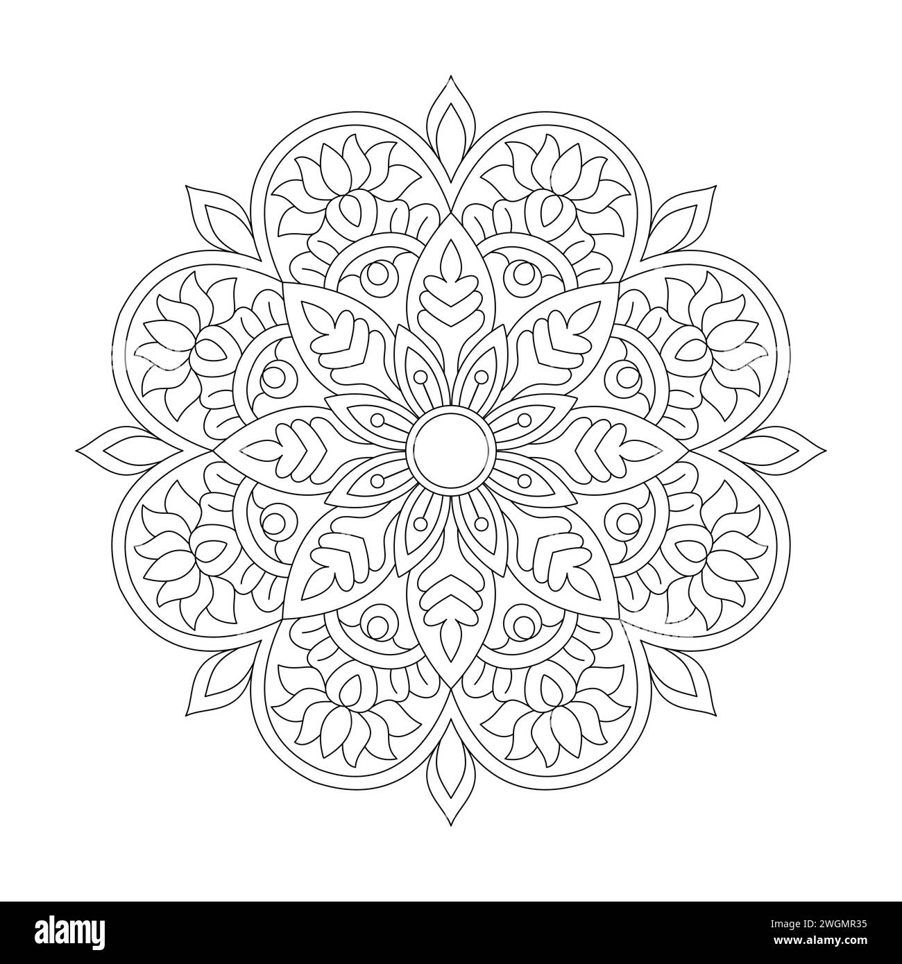 Peaceful Relaxation Mandala Coloring Book Page for kdp Book Interior. Peaceful Petals, Ability to Relax, Brain Experiences, Harmonious Haven, Peaceful Stock Vector