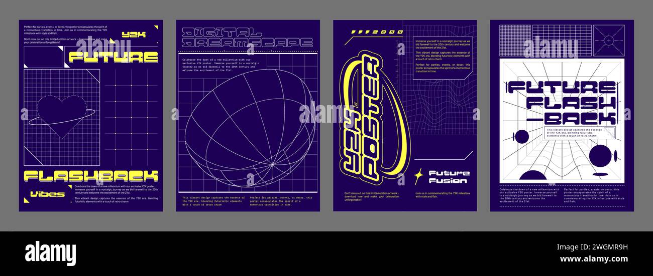 Y2k aesthetic posters set. Vector illustration of retrowave style banners with yellow geometric wireframe shapes, heart, globe, perspective on blue background, retro futuristic vibe flyer templates Stock Vector
