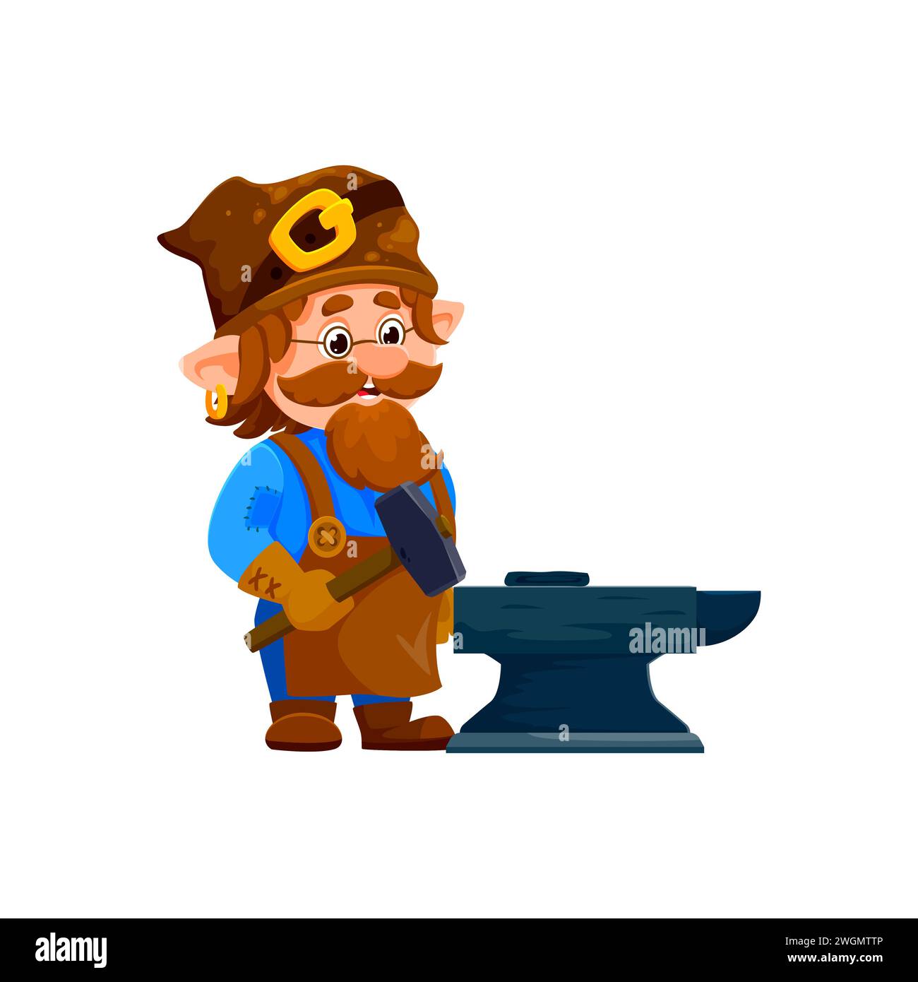 Cartoon gnome or dwarf blacksmith character. Isolated vector quirky personage in a pointed hat and leather apron, skillfully hammers away at an anvil, creating magical and fantastical metalwork Stock Vector