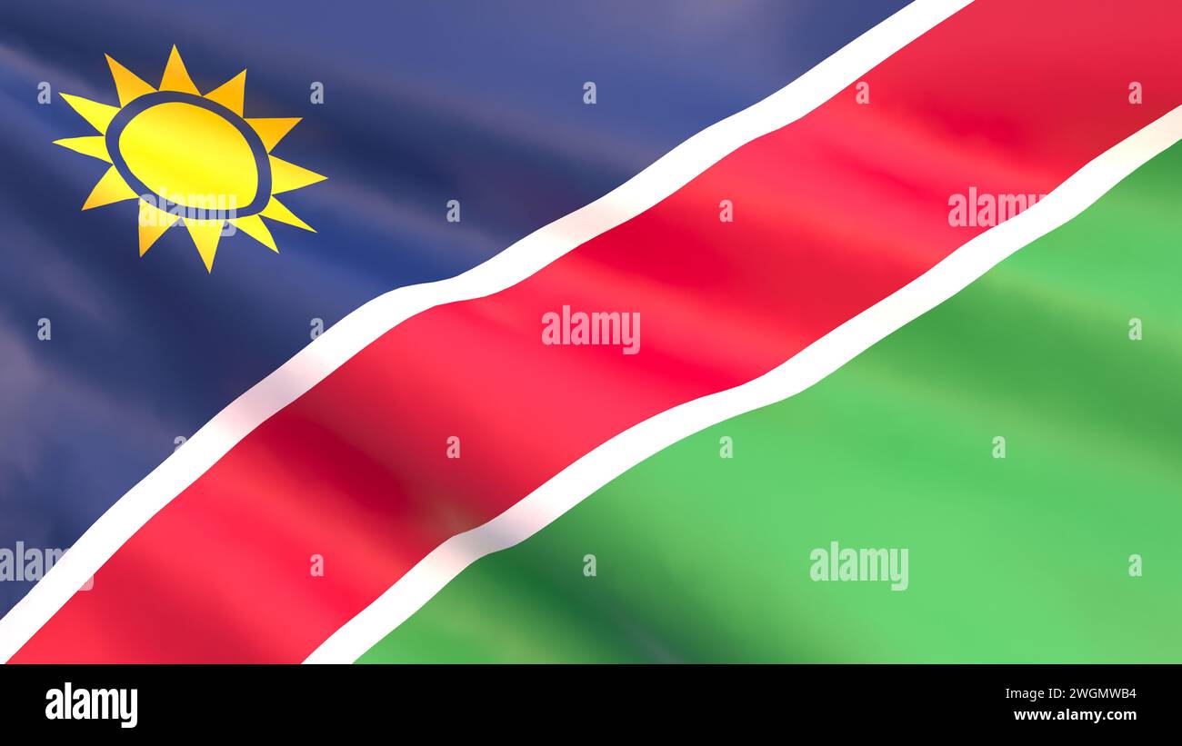 3D render - the national flag of Namibia fluttering in the wind. Stock Photo