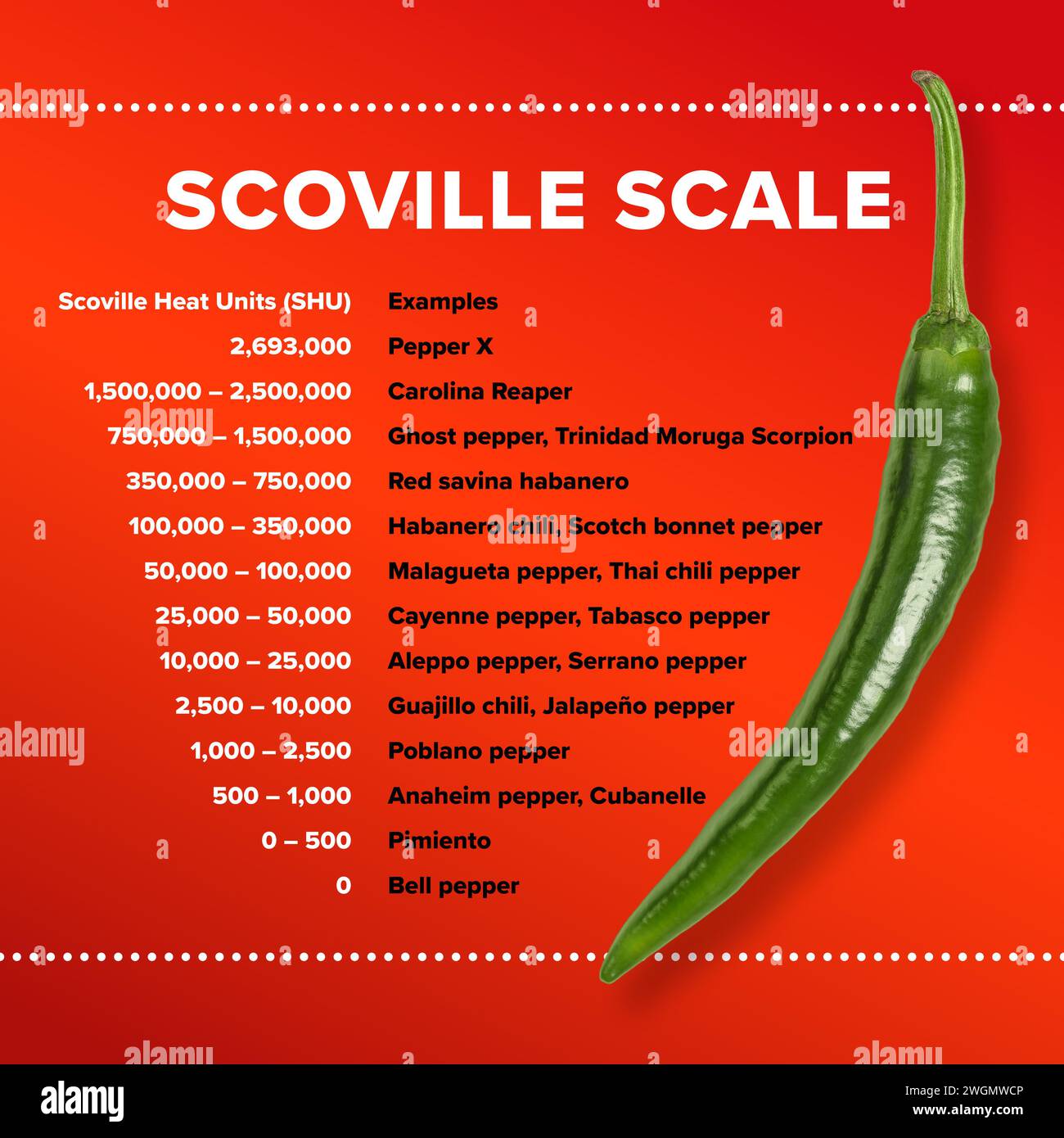 Table with Scoville scale for most popular chili peppers. Scoville Heat Units, SHU, measurement of spiciness or heat, based on capsaicin concentration. Stock Photo