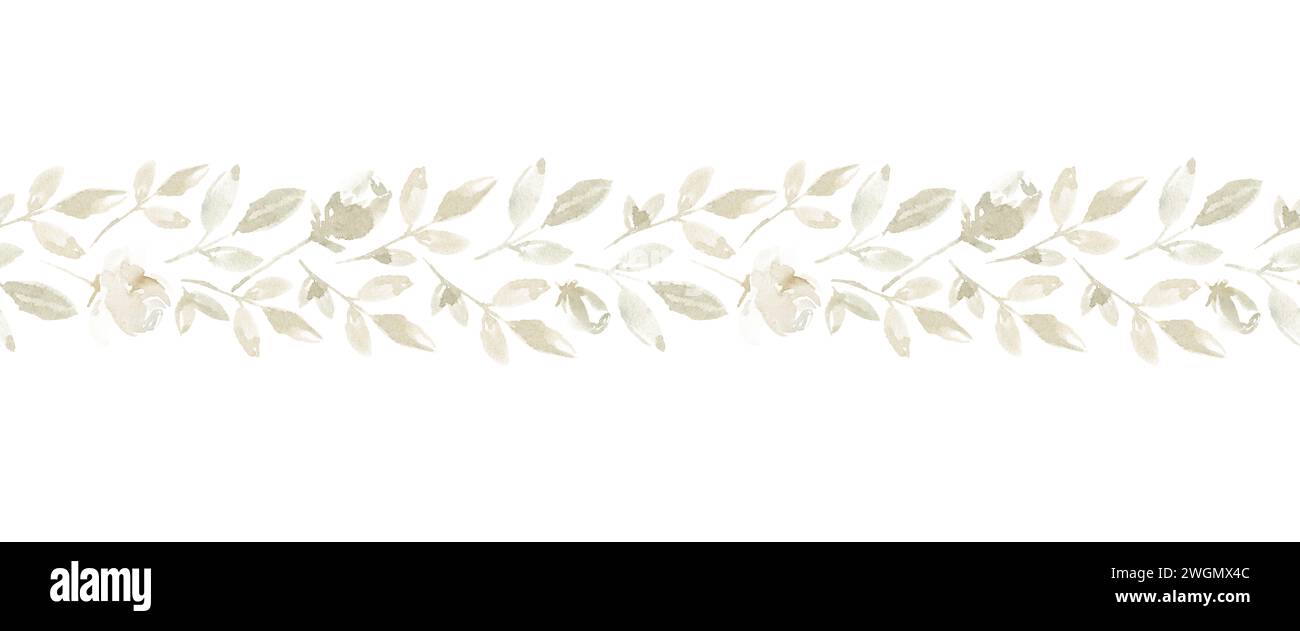 Watercolor botanical seamless border with roses, stems and leaves on white background Stock Photo