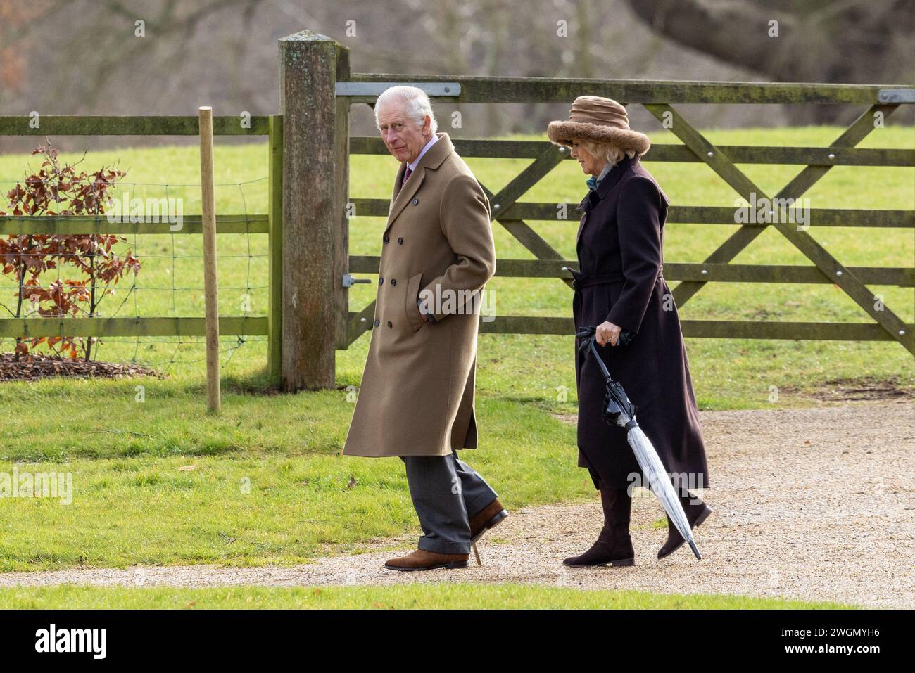 Pic dated Feb 4th shows last images of King Charles and Queen Camilla  at church in Sandringham,Norfolk before cancer diagnosis. Stock Photo