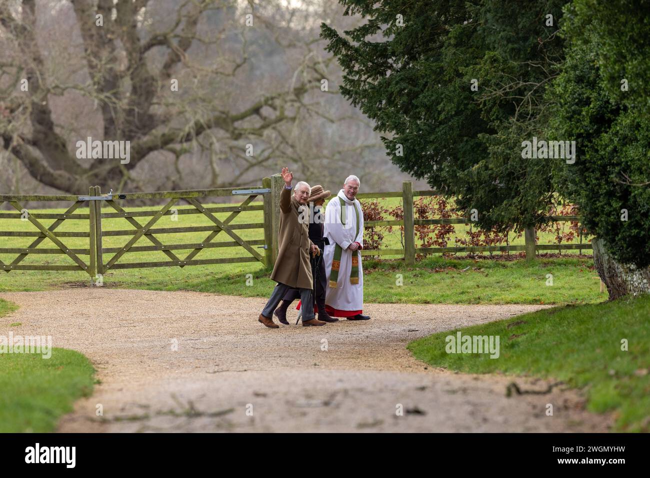 Pic dated Feb 4th shows  King Charles and Queen Camilla at church in Sandringham,Norfolk before cancer diagnosis with Reverend Canon Paul Williams. Stock Photo