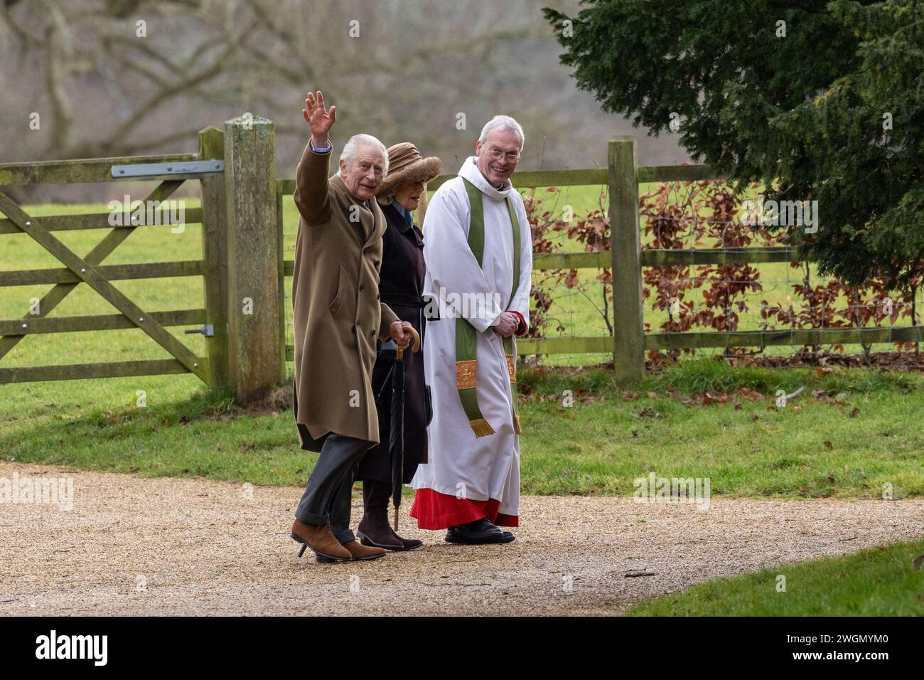 Pic dated Feb 4th shows  King Charles and Queen Camilla at church in Sandringham,Norfolk before cancer diagnosis with Reverend Canon Paul Williams. Stock Photo