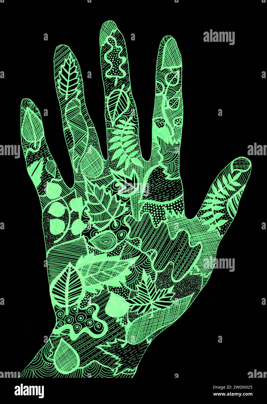 The palm of the left hand is filled with leaves with different textures ...