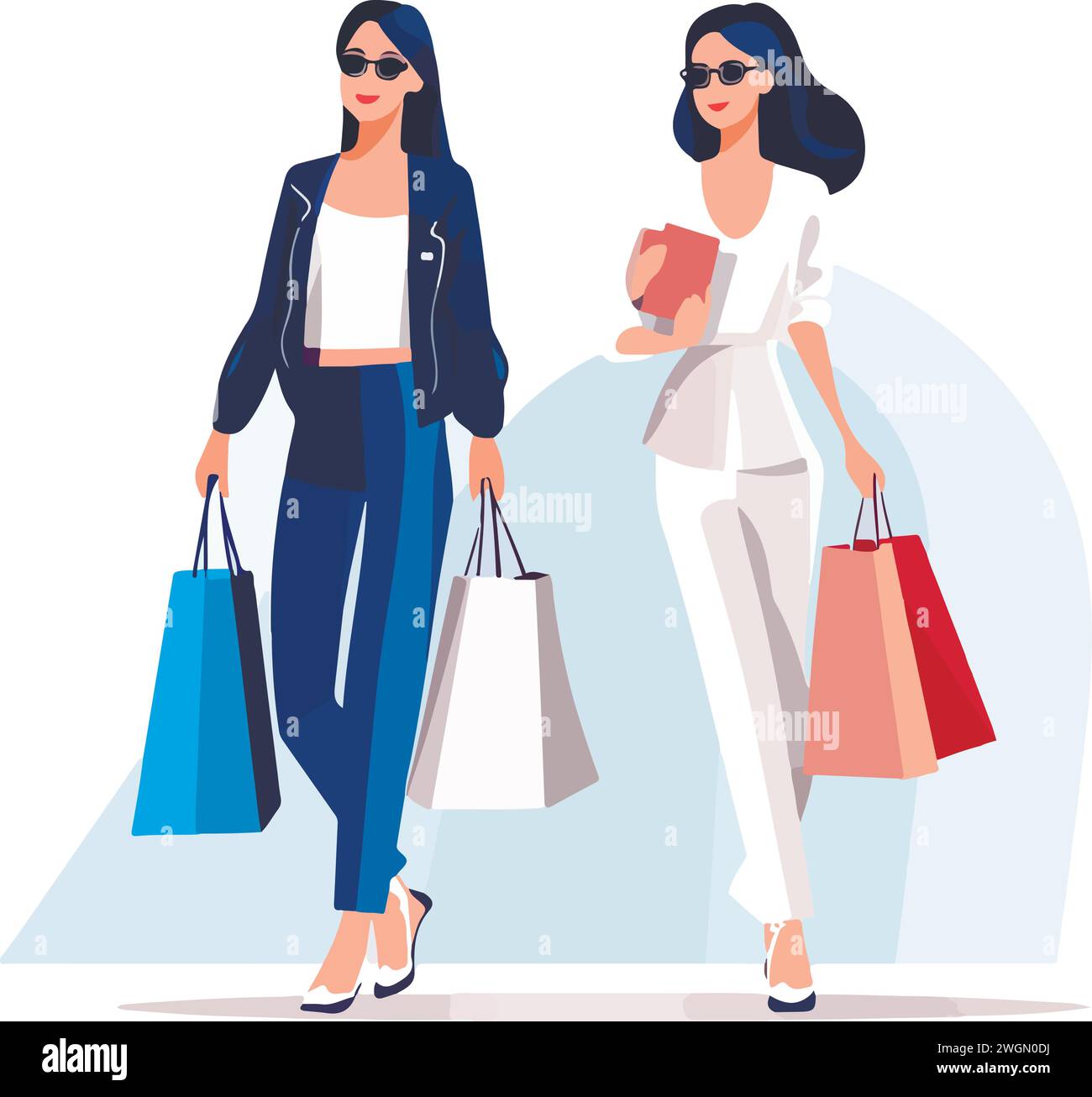 2 Young attractive fashionable womans holding packages with clothes after shopping. Isolated concept girl character with perfect style. Vector illustr Stock Vector