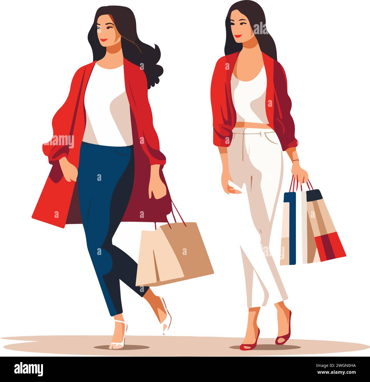 2 Young attractive fashionable womans holding packages with clothes after shopping. Isolated concept girl character with perfect style. Vector illustr Stock Vector