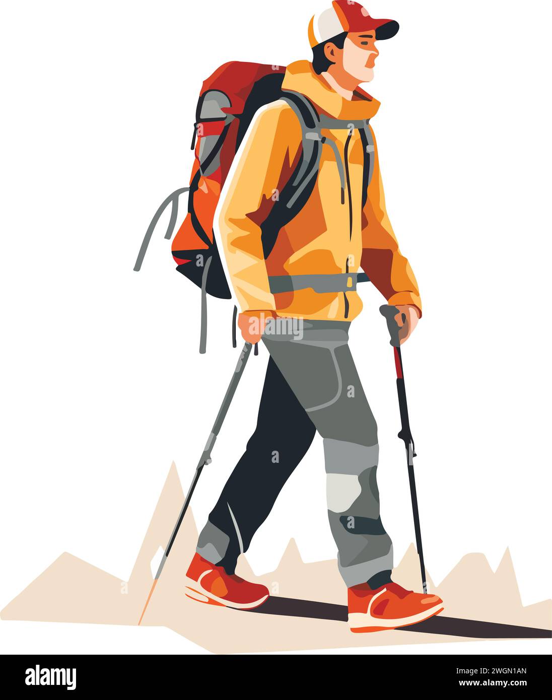 Hiker person hiking or trekking with backpack walking in mountain forest outdoor wilderness landscape, vector illustration in flat style Stock Vector