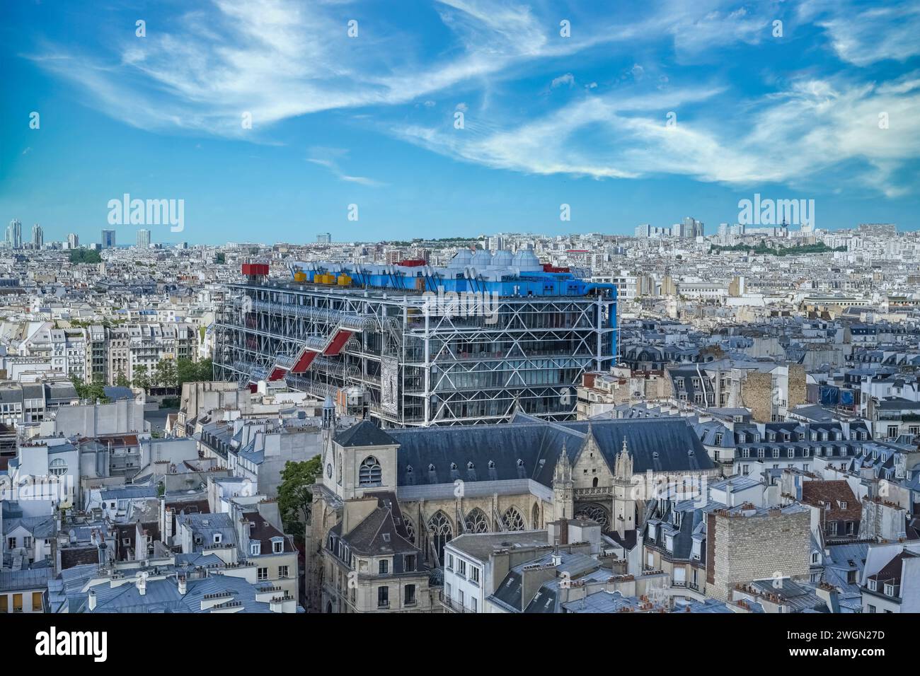 Paris, aerial view of the city, with the Pompidou center, and the Saint-Merri church Stock Photo
