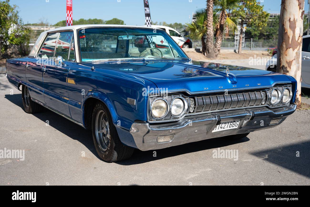 Front view of the immense blue classic American car Dodge Polara. Stock Photo