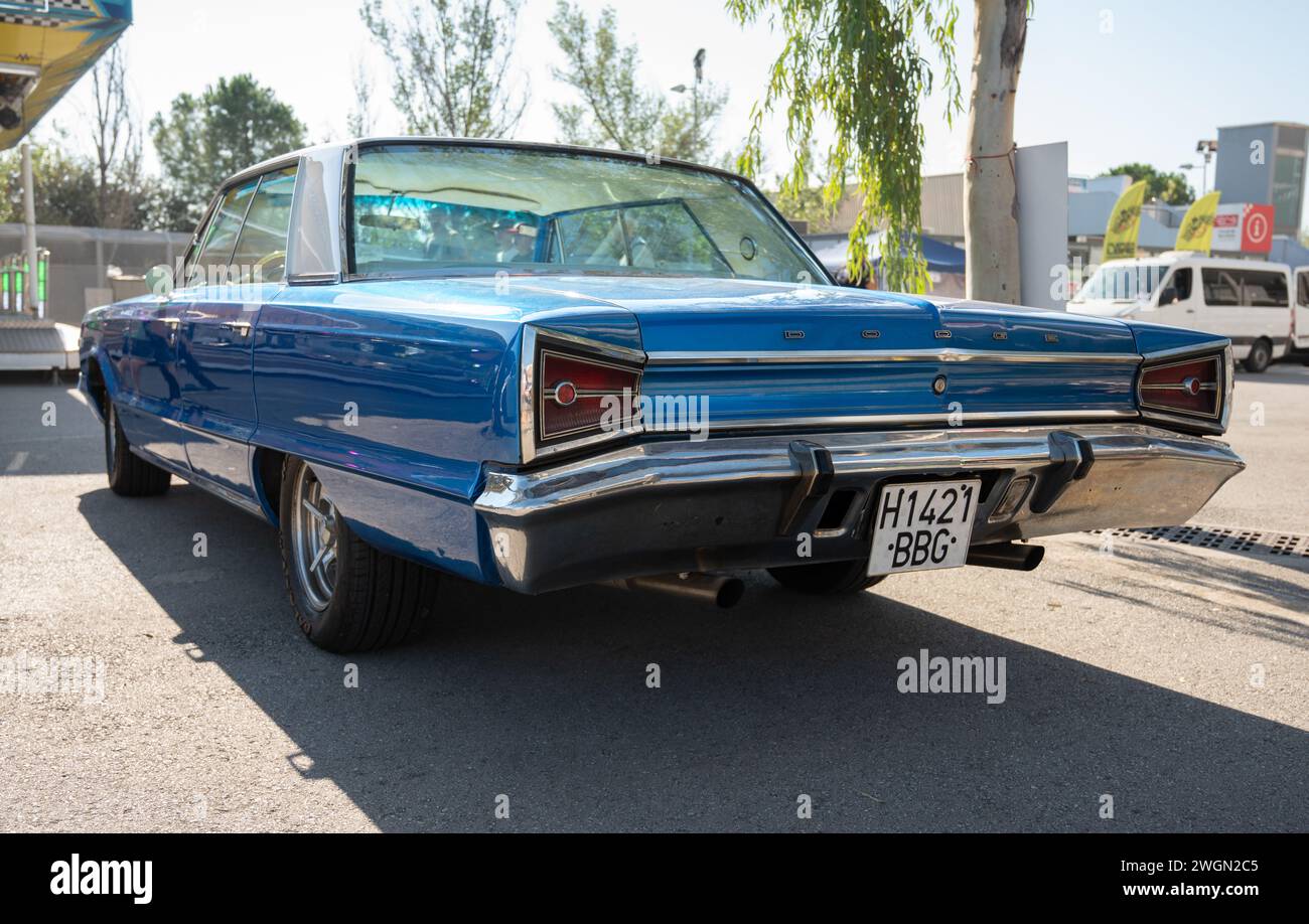 Rear view of the immense blue classic American car Dodge Polara. Stock Photo