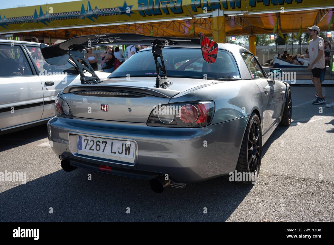 Rear view of the classic Japanese sports car from the 90s, the two-seater Honda S2000 with gray spoiler Stock Photo