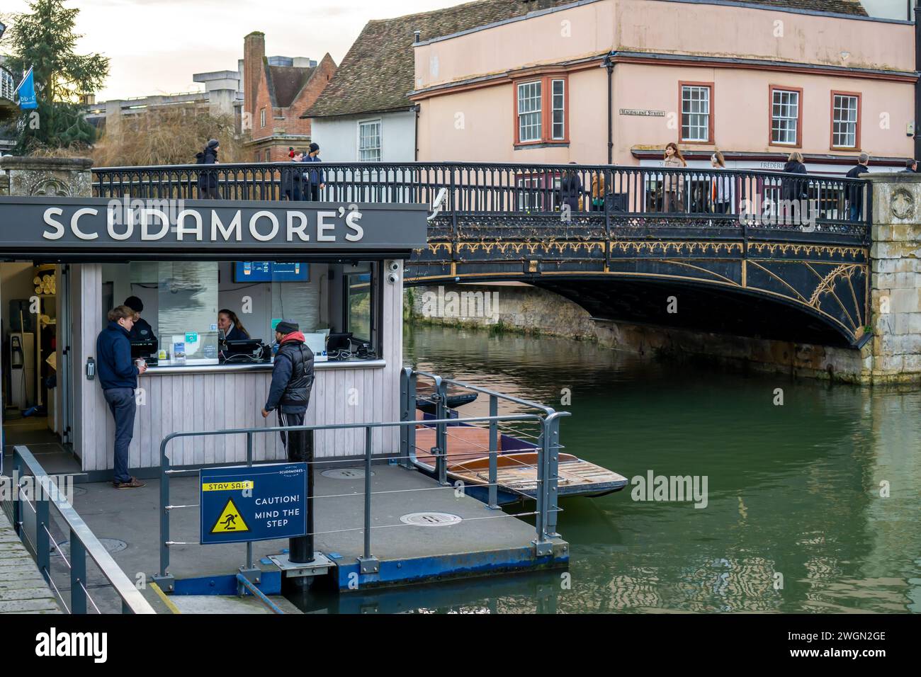 Scudamore's Punting next to the Magdalene Bridge in Cambridge UK Stock Photo