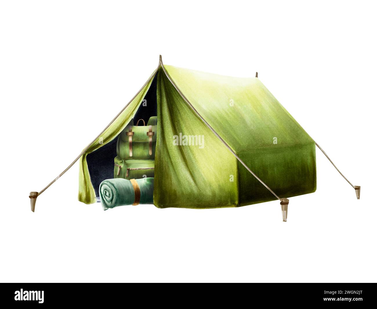 Watercolor hiking and camping backpack, rolled up blanket and sleeping bag in green camping tent illlustration. Mountin equipment for recreation touri Stock Photo