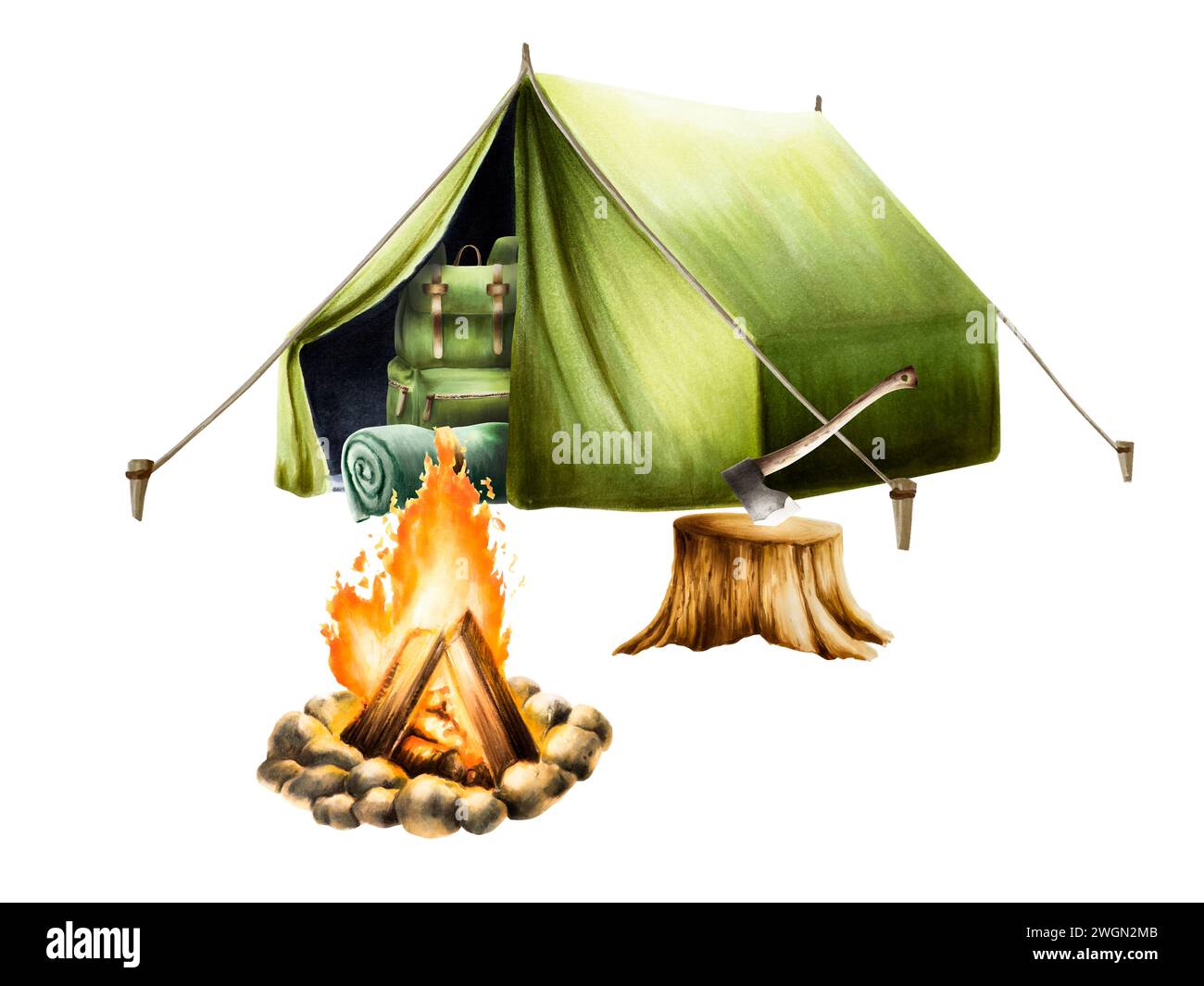 Watercolor campfire, camping axe in wooden stump and hiking and camping backpack, rolled up blanket and sleeping bag in green camping tent illlustrati Stock Photo
