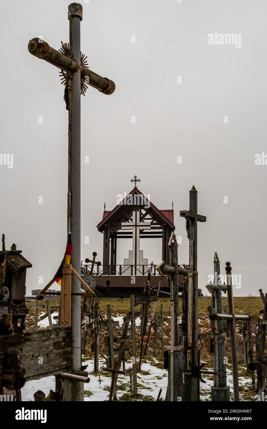 The Hill of Crosses is a sacred symbol of Lithuania's Christian faith, representing the resilience and perseverance of the Lithuanian people Stock Photo