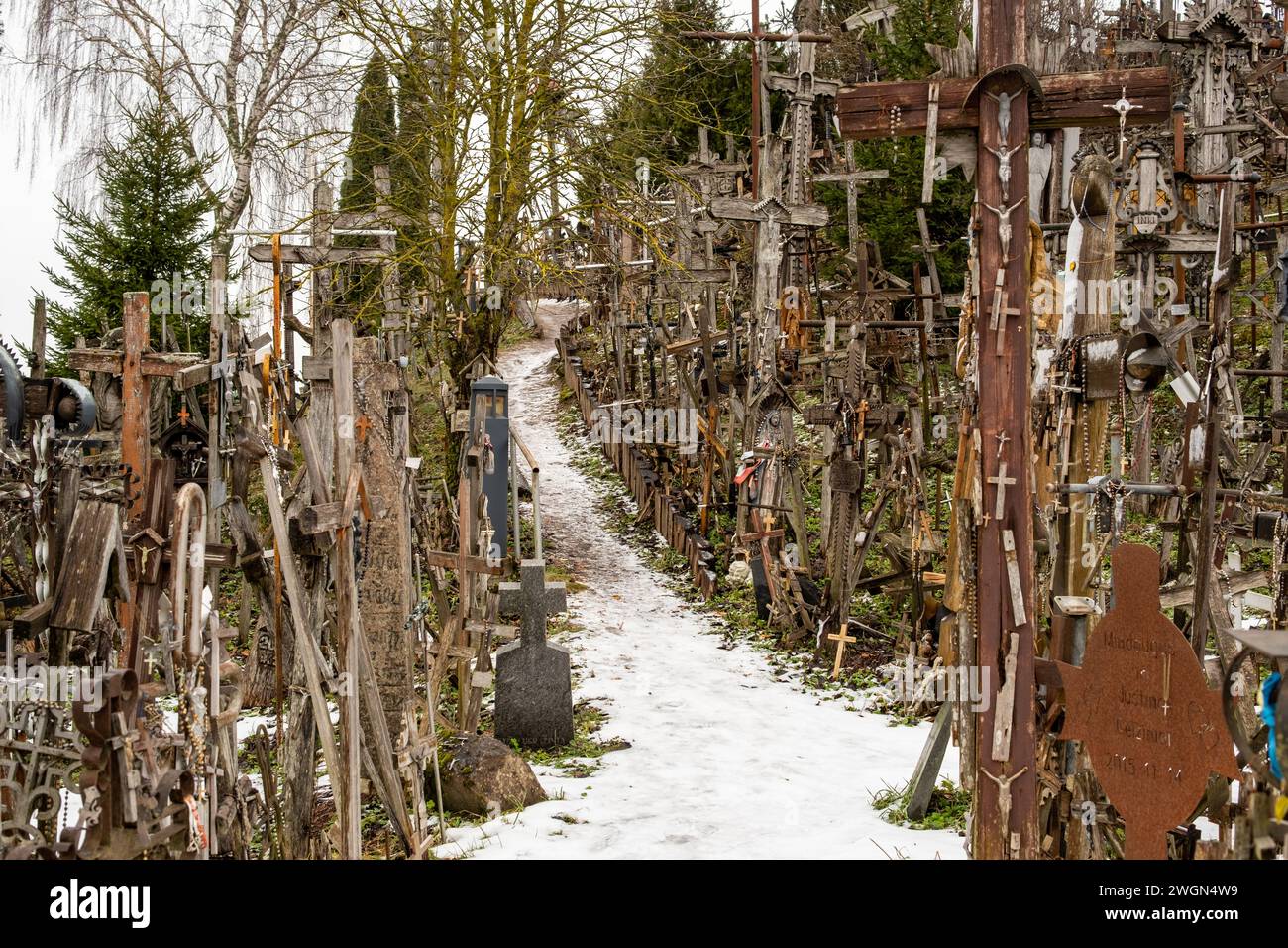 Each cross on Lithuania's Hill of Crosses represents a prayer, a hope, or a vow, creating a tapestry of faith and devotion Stock Photo