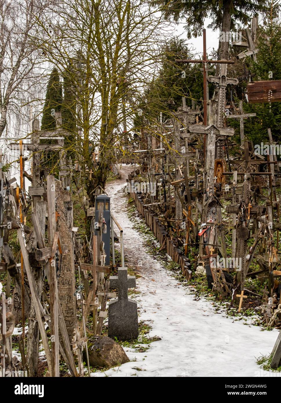 Lithuania's Hill of Crosses is a place of pilgrimage and prayer, where visitors come to seek blessings and offer their supplications. Stock Photo