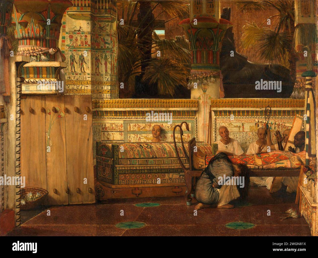 The Egyptian Widow - Interior of an Egyptian temple with a kneeling mourning widow - Priests sing and play the harp near the body of the deceased by Lourens Alma Tadema in 1872 Stock Photo