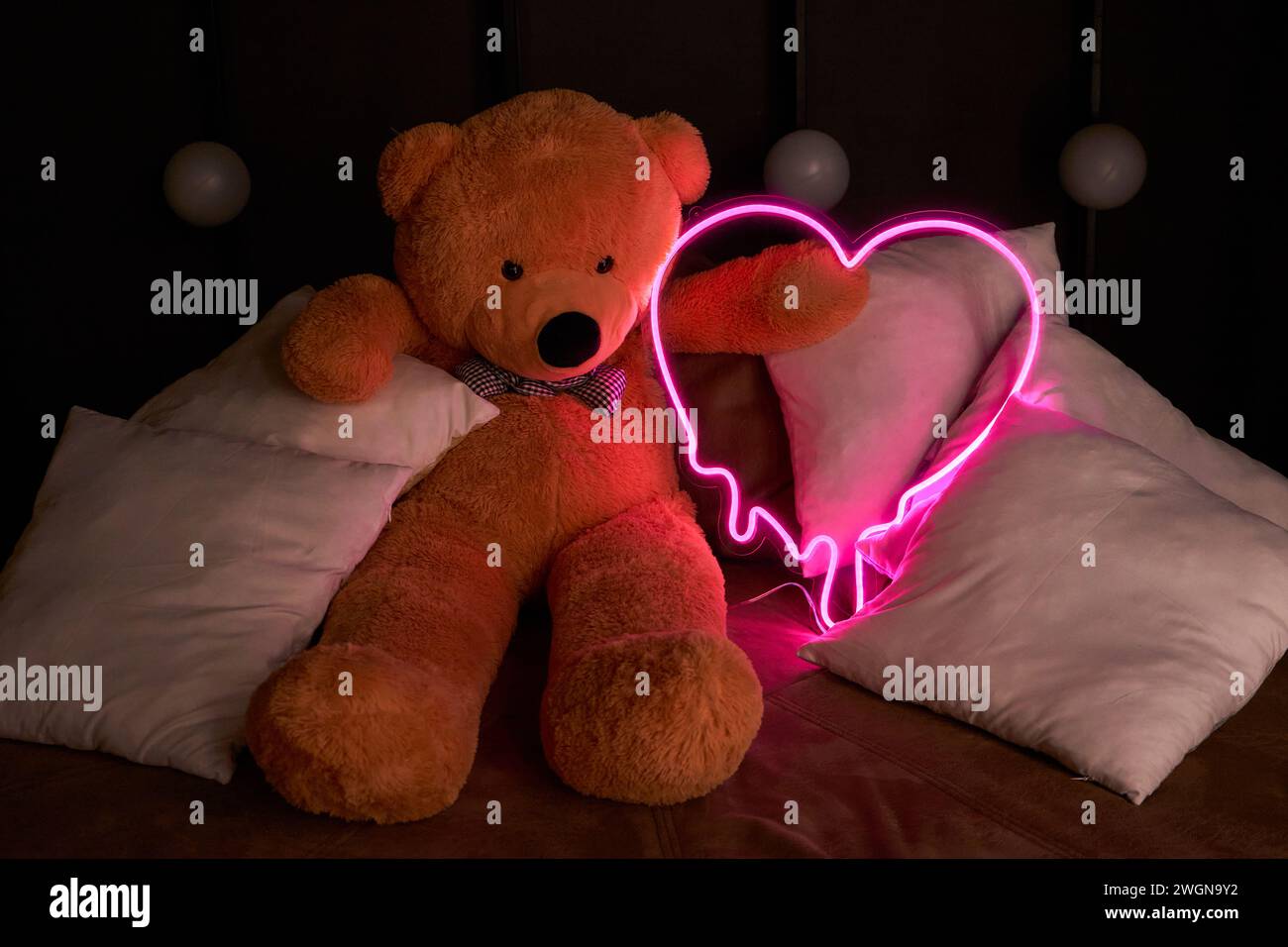 Brown teddy bear lies in pillows and holds a neon pink heart. Valentine's Day 14 February, Gift romantic background. Declaration of love, congratulati Stock Photo